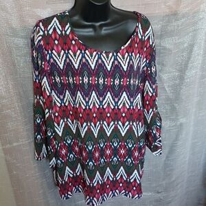 Messini 3/4 Botton Sleeve Tunic Top, Pink,  green, sz L